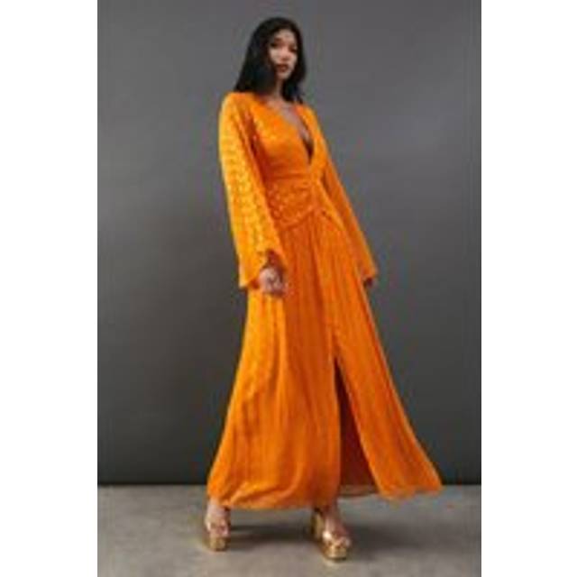 Womens Metallic V Plunge Kimono Sleeve Maxi Dress - orange - Orange - 8