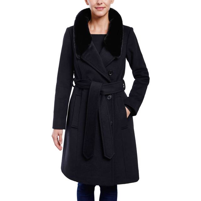 Anne Klein Women's Belted Wrap Wool Coat with Fur Collar - Clearance in Black size 8