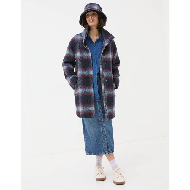 FatFace Freya Wool Blend Check Coat - Navy - 10