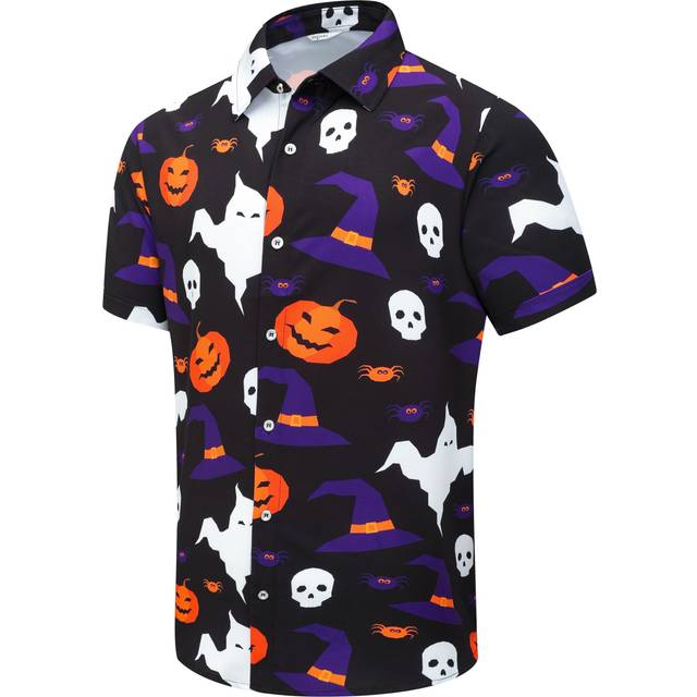 SheLucki Hawaiian Shirt for Men  Unisex Summer Beach Casual Short Sleeve Button Down Shirts  Printed Palmshadow Clothing Halloween Black S