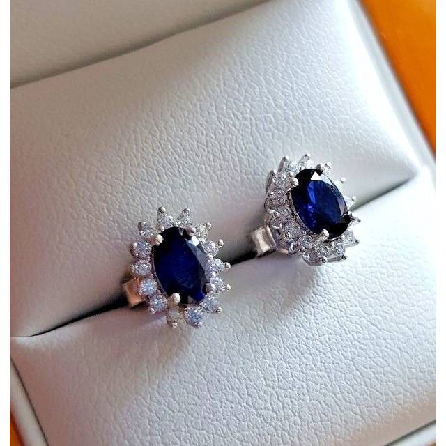 Royal blue sapphire & created diamond stud earrings w/ luxury beech gift box