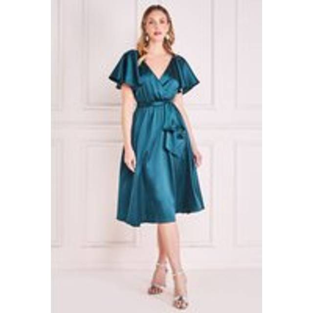 Flutter Sleeve With Elastic Midi Dress - Emerald Green by Goddiva - 12