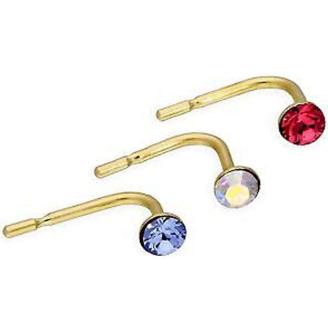 Set of 3 9ct Gold & Coloured CZ Crystal 23Ga Nose Studs Pale Pink Blue Rainbow