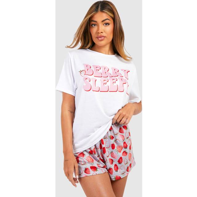 Womens 'Berry Sleepy' Strawberry Print Short Sleeve T-Shirt & Shorts Pyjama Set - White - 16