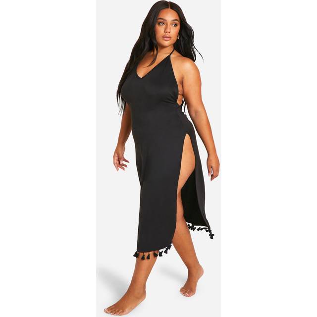 Womens Plus Tassel Hem Split Beach Dress - Black - 20, Black