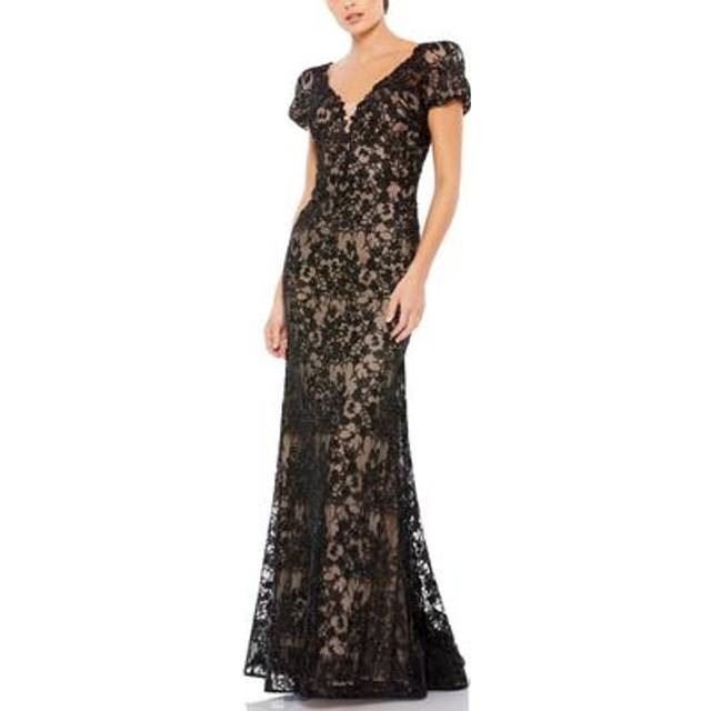 Mac Duggal Lace Plunge Neck Short Puff Sleeve Trumpet Gown