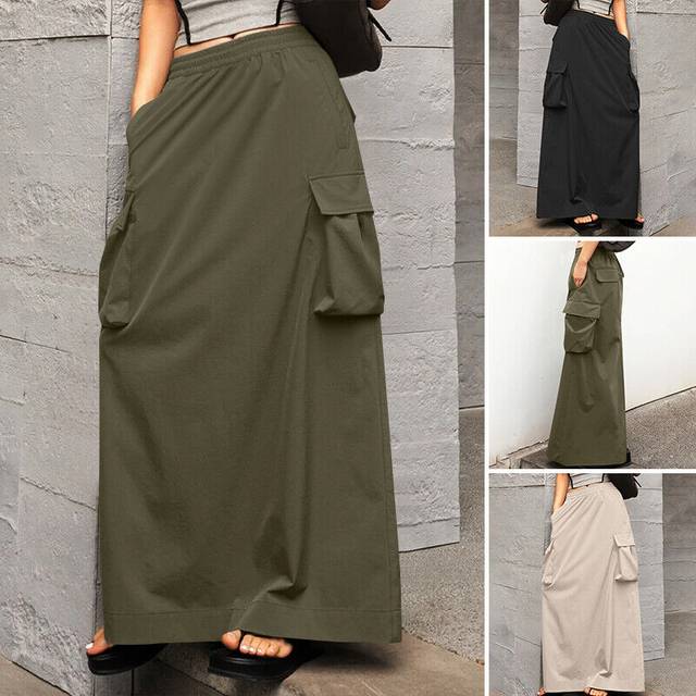 Uk womens elastic waist side pocket cargo skirt casual loose skirts long dress
