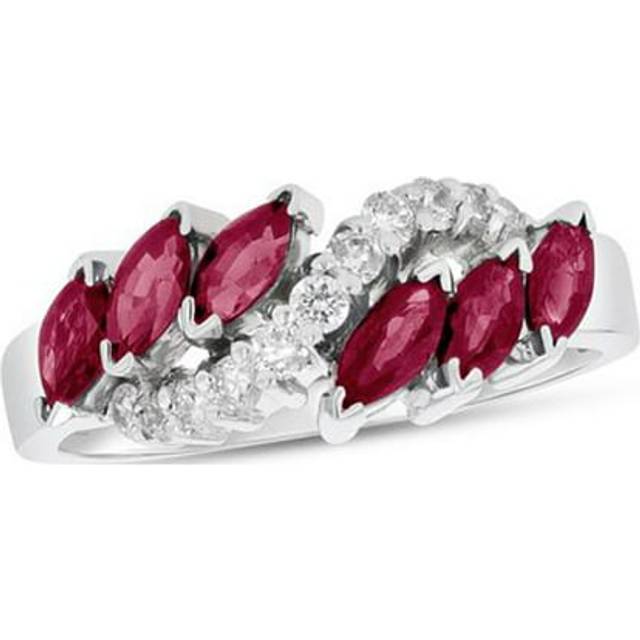 Louis Creations RL2520RD-6.5 1.25 CTW Diamond & Marquis Shaped Rubies Slant Ring, 14K White Gold - Size 6.5