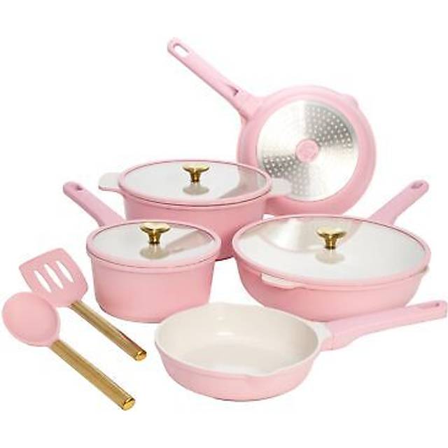 Paris Hilton keramisk nonstick köksredskap, gjutet aluminium med dubbla lager non-stick beläggning, guldhjärtknoppar, stay-svala handtag, tillverkade utan PFAS, PFOA, PFOS och PTFE, diskmaskinssäker,