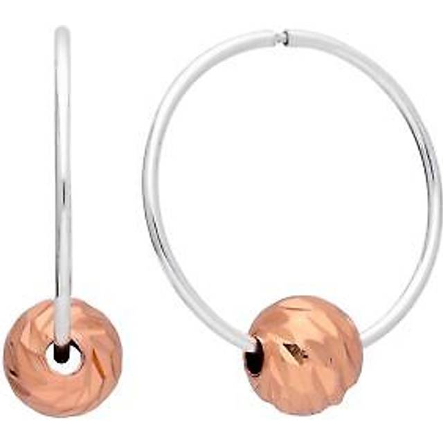 Sterling Silver 18mm Hoop Earrings With Rose Gold Plated Diamond Cut Ball Beads