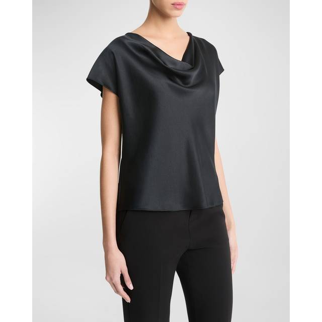 Cowl-Neck Cap-Sleeve Satin Blouse - BLACK - X-Large