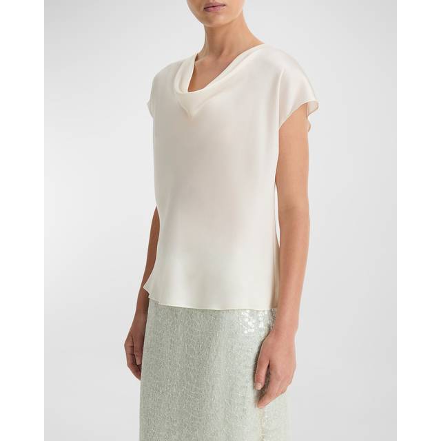 Cowl-Neck Cap-Sleeve Satin Blouse - OFF WHITE - X-Small