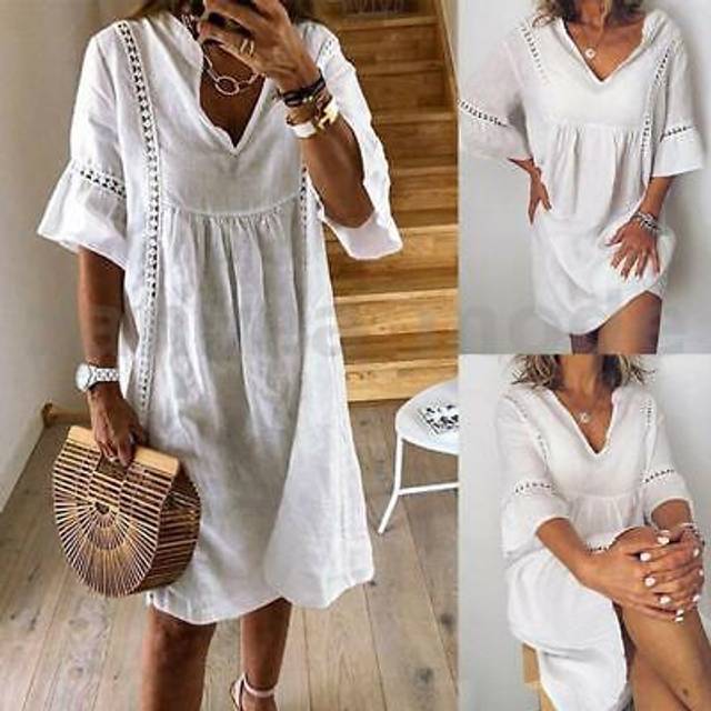 Zanzea women half sleeve lace mini dress casual loose tops blouse smock dresses
