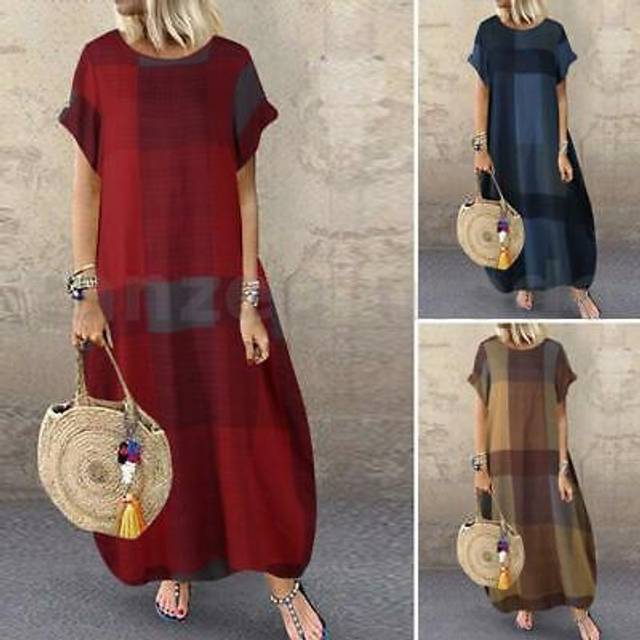 Uk women summer short sleeve casual loose long maxi dress holiday beach sundress