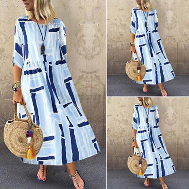 Uk women vintage floral printed 3/4 sleeve long shirt dress kaftan baggy dresses