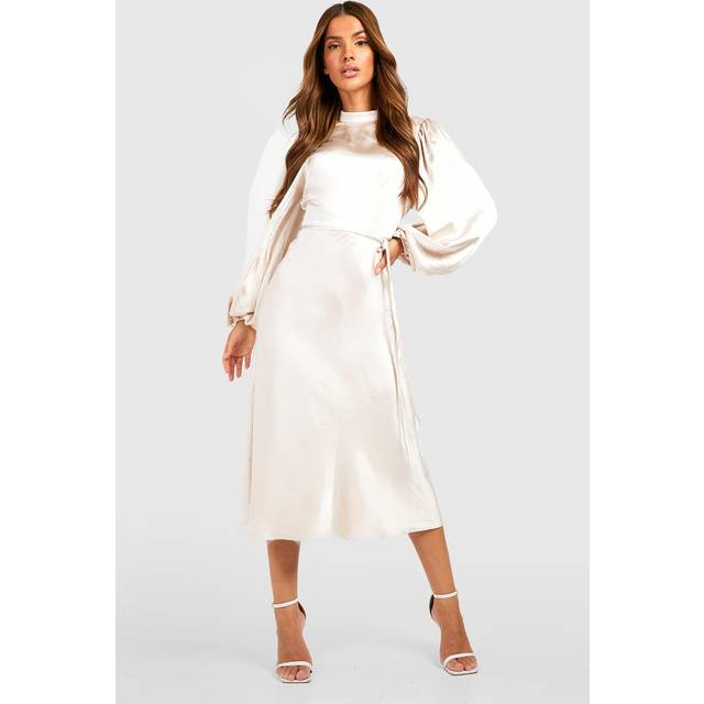 Womens Satin High Neck Balloon Sleeve Midi Dress - Champagne - 10
