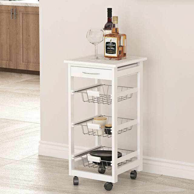 Rolling kitchen island trolley serving cart white tile top drawer shelves basket