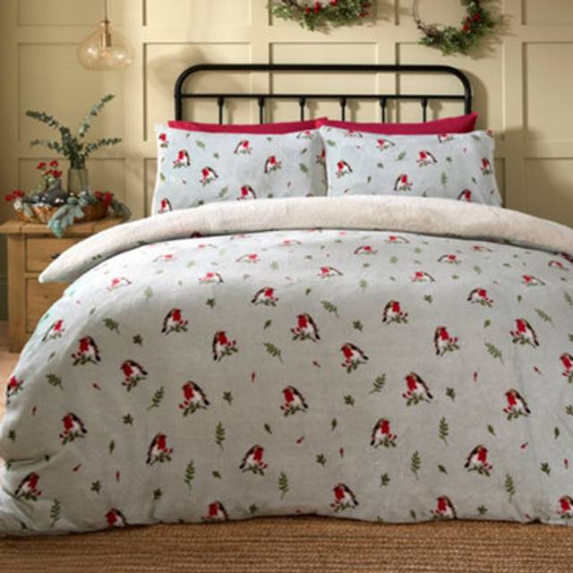 Winter Robin Christmas Plush Duvet Cover Set - Blue - Double - Dreams & Drapes Lodge