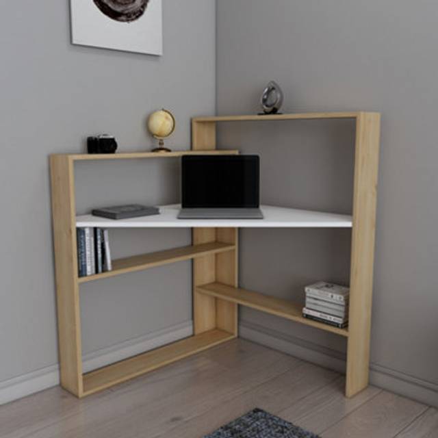 Decorotika Kelly Corner Laptop Stand Study Desk Workstation Spacesaver - Oak And White, Multi