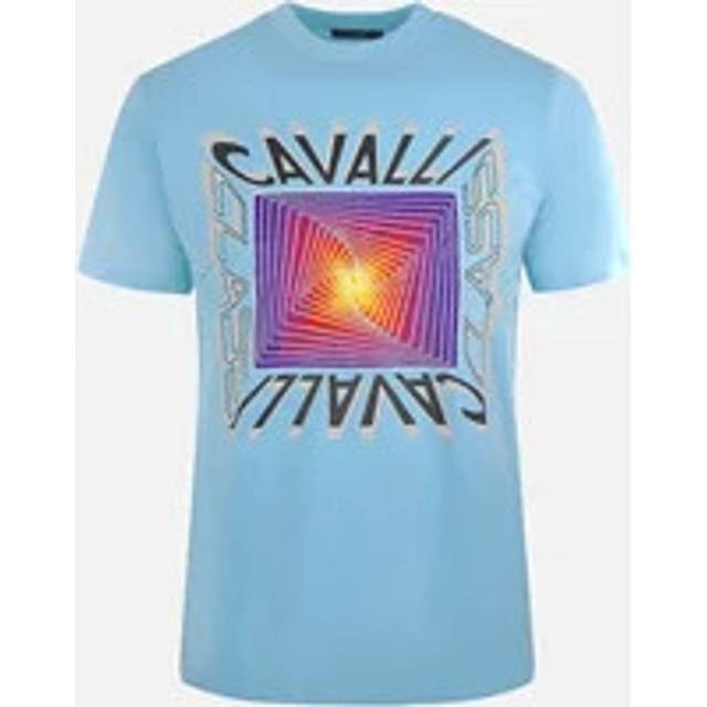 Cavalli Class Mens Asymmetric Box Design Light Blue T-Shirt Cotton - Size Medium