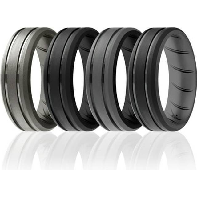 ROQ Silicone Rubber Wedding Ring for Men  Comfort Fit  Men's Wedding & Engagement Band  8mm Wide 2mm Thick  2 Thin Lines Beveled Edge Duo  4 Pack  Dar
