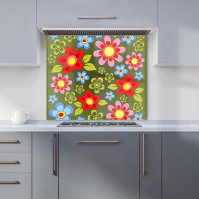 Red And Blue Flowers Kitchen Splashback - Green - 600mm x 650mm