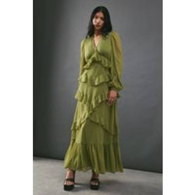 Warehouse Womens Chiffon Plunge Neck Ruffle Detail Volume Sleeve Maxi Dress - Olive - Size 8 UK