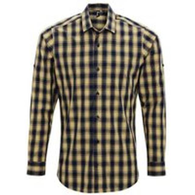 Premier Mens Mulligan Checked Cotton Long-Sleeved Shirt (Camel/Navy) - Size Small