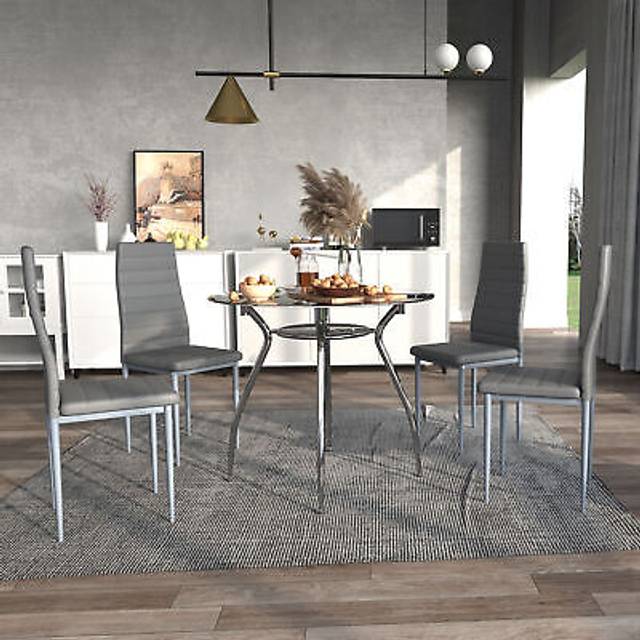 Dining table and chairs set 4, round kitchen table and upholstered chairs, grey
