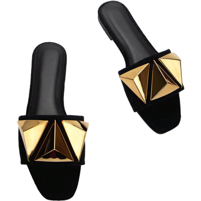 Kvinnors Elegant Guld Metallspänne Dekoration Svart Mocka Fyrkantig Tå Fashionabel Och Bekvämt Platta Sandaler (EUR35,EUR36,EUR37,EUR38,EUR39,EUR40,EUR41,EUR42,EUR43)