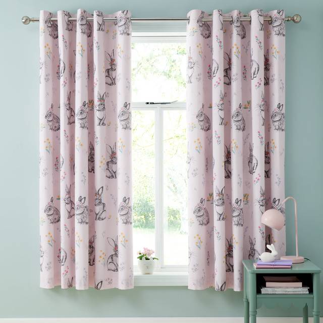 Catherine Lansfield Bunny Tails Ditsy Flower Duel Sided 66'' x 72'' Ready Made Eyelet Curtains Pink White - Pink/White
