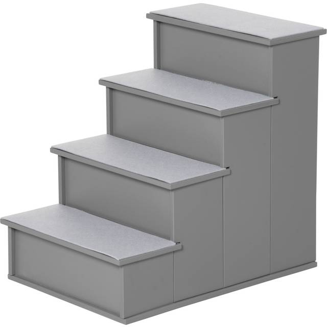PawHut Grey 4 Step Wooden Dog Steps Pet Stairs - 60 - 70cm