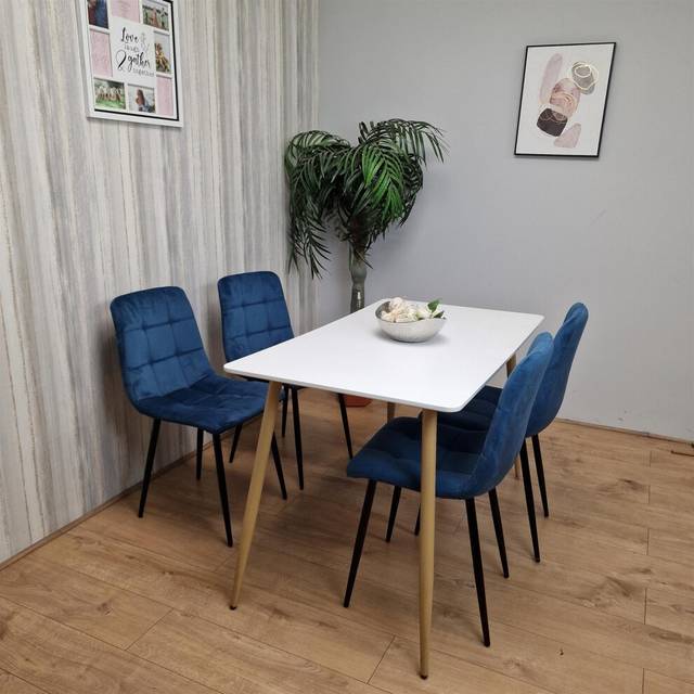 Portland 4 Seater Velvet Dining Set White and Blue - Multi
