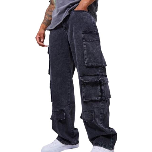 Mens Charcoal Relaxed Fit Acid Wash Cargo Jeans