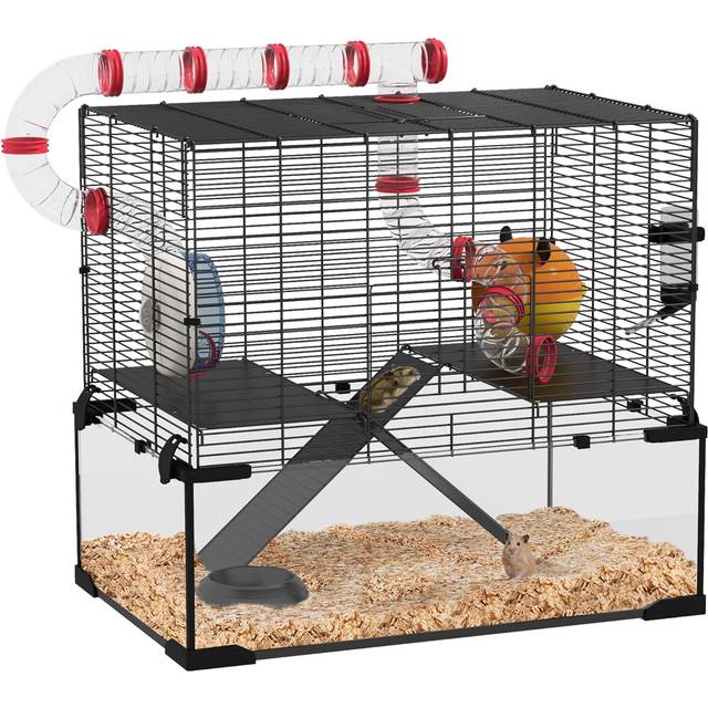 Hamster Cage, Gerbil Cage w/ Deep Glass Bottom, Tunnels, 60 x 40 x 57cm - Black - One Size