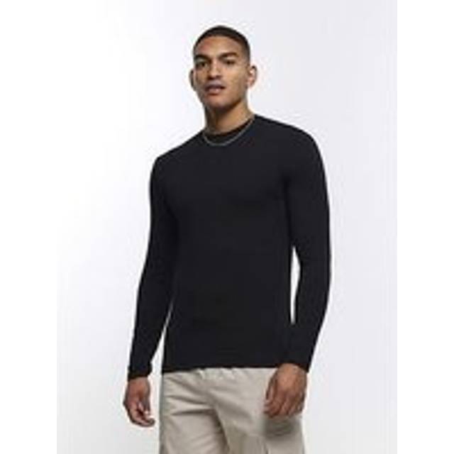 Mens River Island Black Muscle Fit Stretch Long Sleeve T-Shirt