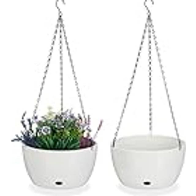 Relaxdays - Set of 2 Hanging Baskets with Water Reservoir, HxØ: 67 x 28.5 cm, Out- & Indoor, Suspended Pot, Plastic, White