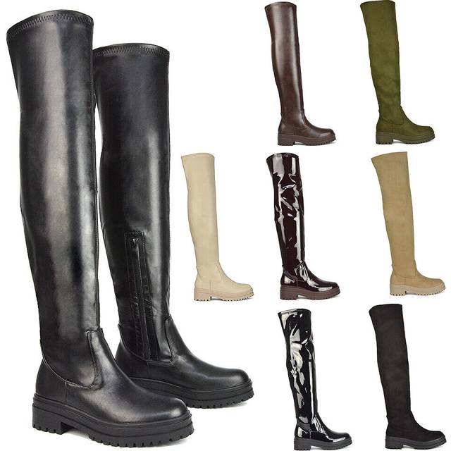 Womens over the knee boots ladies chunky sole stretch leg thigh high biker size