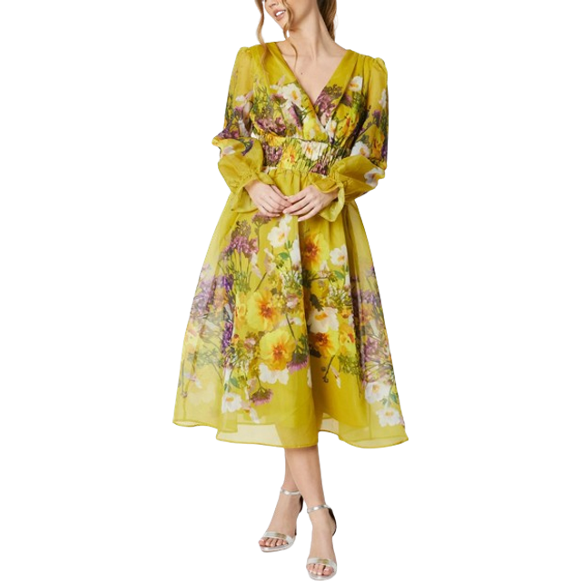 Printed Blouson Sleeve Organza Midi Dress - Yellow - 10