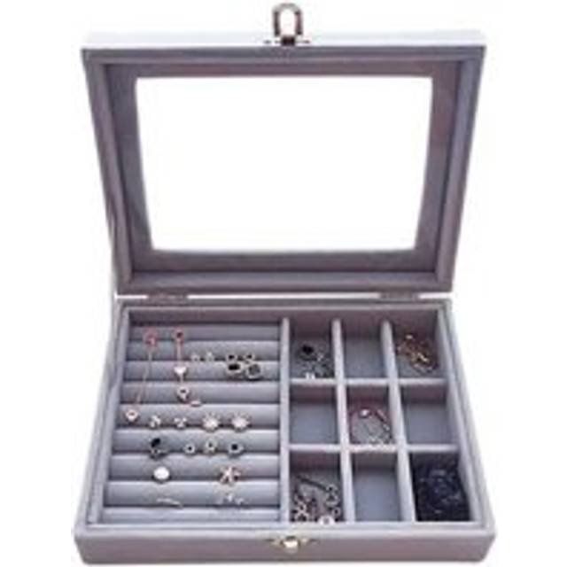 Velvet Jewelry Box, Gray Jewelry Case with Transparent Glass Lid, Jewelry Case Storage for Rings, Necklaces, Bracelets, Earrings - Alwaysh