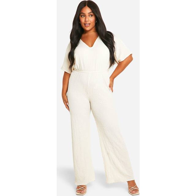Womens Plus Textured Jersey Plunge Belted Jumpsuit - White - 28, White