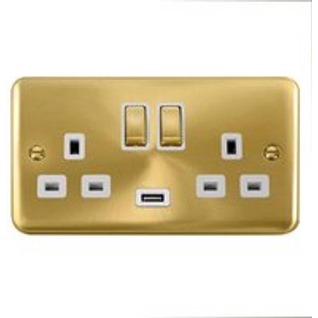 Curved Satin Brass 2 Gang 13A DP Ingot 1 USB Twin Double Switched Plug Socket - Gold - One Size