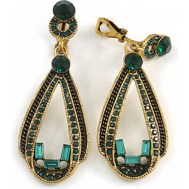 Vintage inspired long emerald green crystal loop clip on earrings in antique