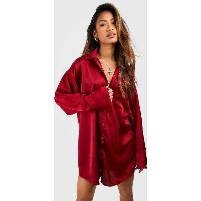 Womens Satin Pocket Detail Fluid Fit Shirt Dress - Red - 6, Red