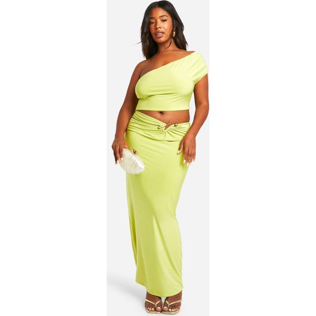 Womens Plus Double Slinky Cut Out Trim Detail Maxi Skirt - Green - 18, Green