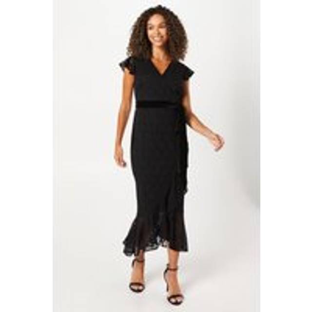 Womens Occasion Lace Ruffle Wrap Velvet Belt Midaxi Dress - Black - 12