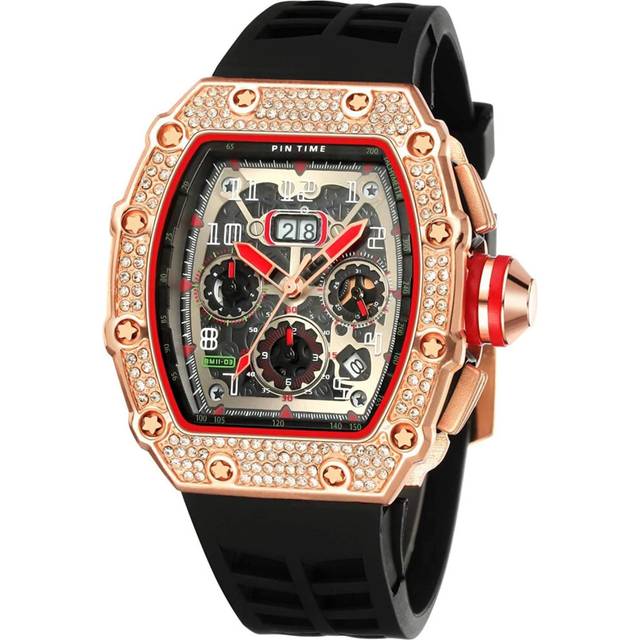 VEANXIN Mens Diamond Watches Luxury Tonneau Watches for Men Analog Watch Chronograph Calendar Date Mens Dress Business Work Watch Large Rectangle F