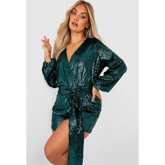 Womens Plus Velvet Sequin Tie Waist Playsuit - Green - 26, Green