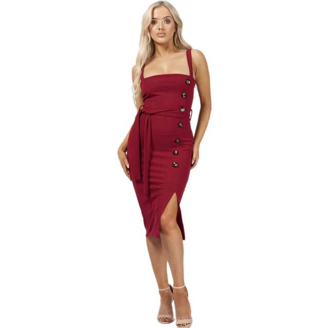Ladies bodycon midi dress split mock button tie knot belt cocktail night out