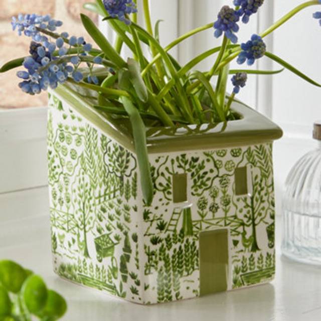 Green Ceramic Flower Pot Planter Rustic House Planter Indoor Succulent Cacti Herb Pot (H)13cm, (W)10.5cm - One Size
